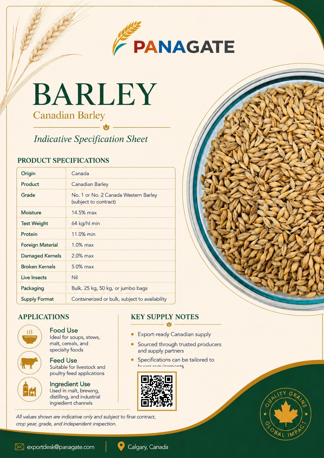 Barley — Canadian Barley indicative specification sheet