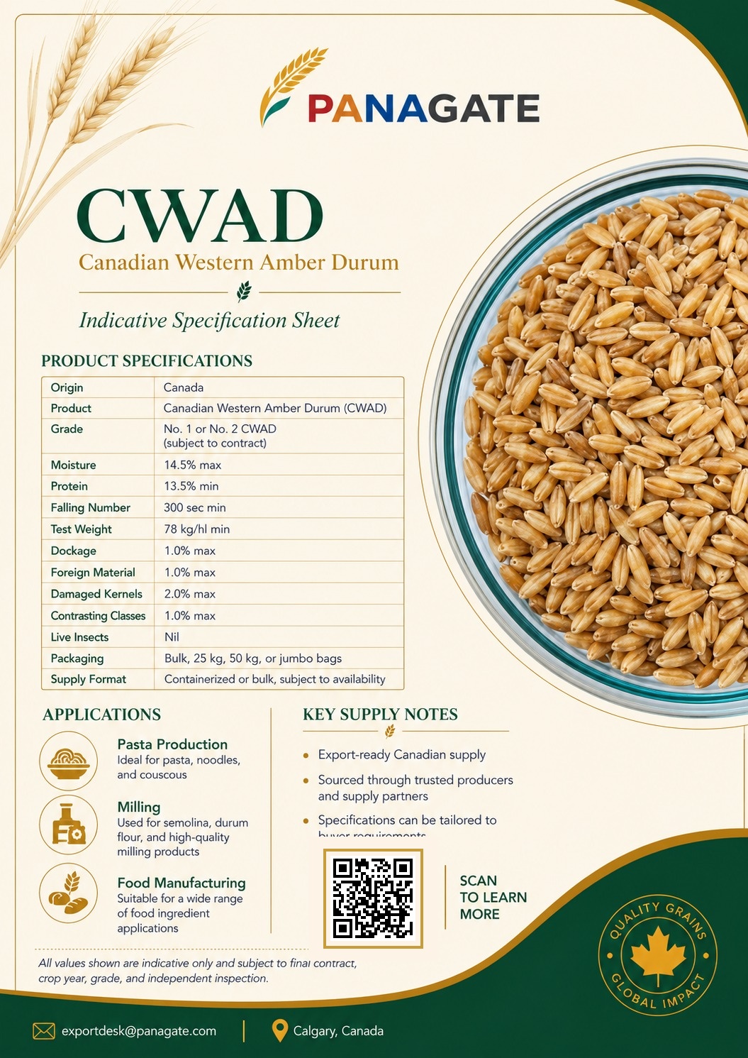 CWAD — Canadian Western Amber Durum indicative specification sheet
