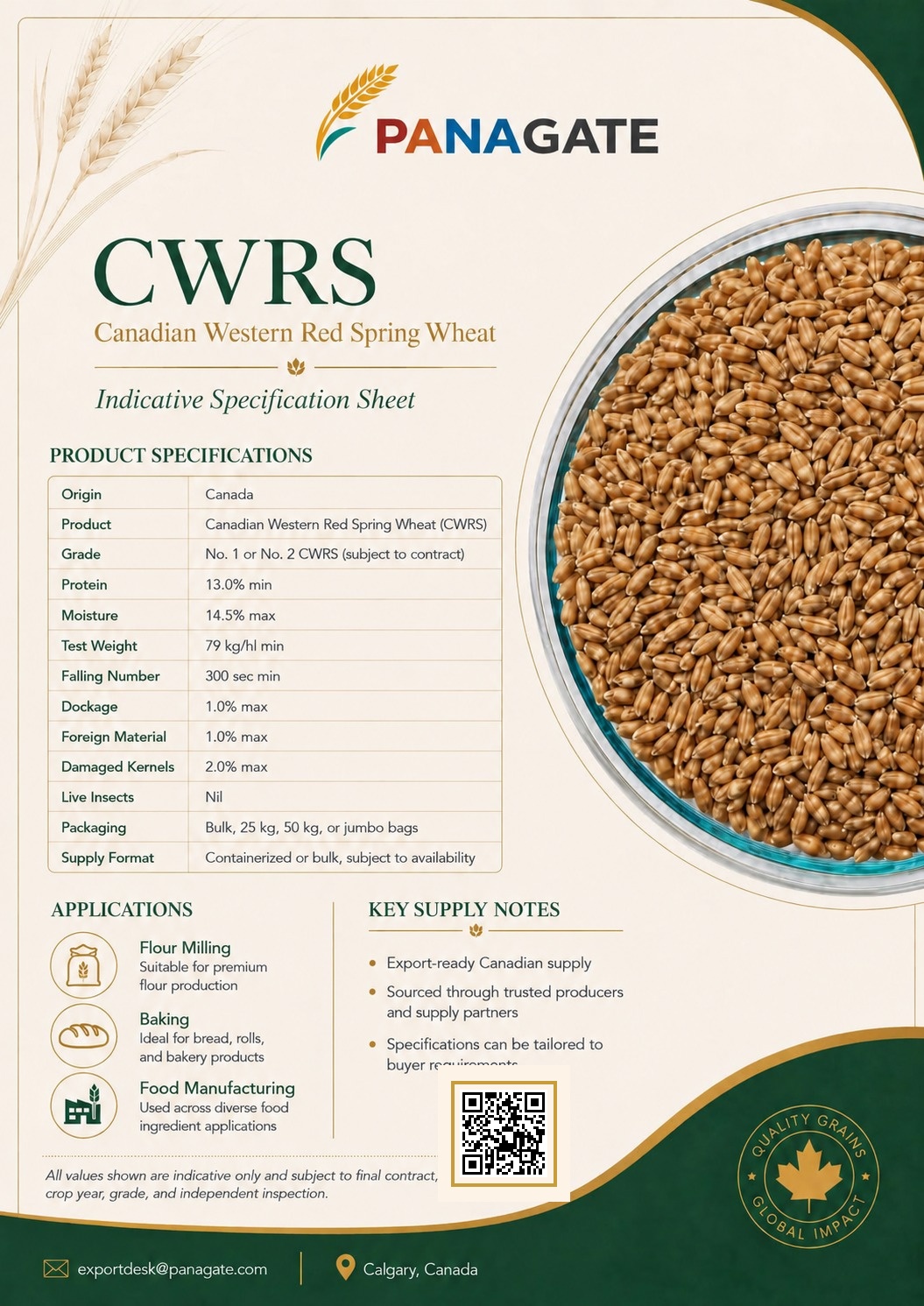 CWRS — Canadian Western Red Spring Wheat indicative specification sheet