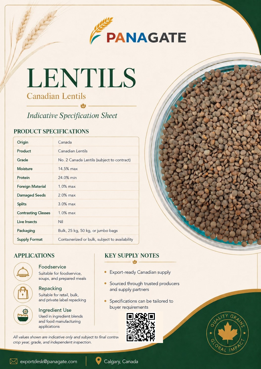 Lentils — Canadian Lentils indicative specification sheet